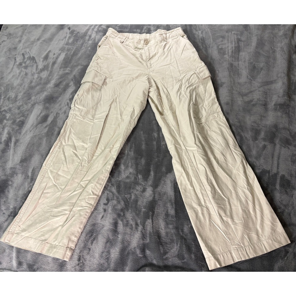 Uniqlo Mens Cargo Pants Size L Beige Solid Cotton Wide Leg Utility Pockets